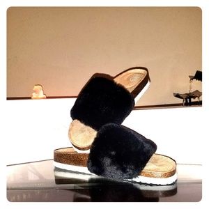 Black Faux Fur Slides